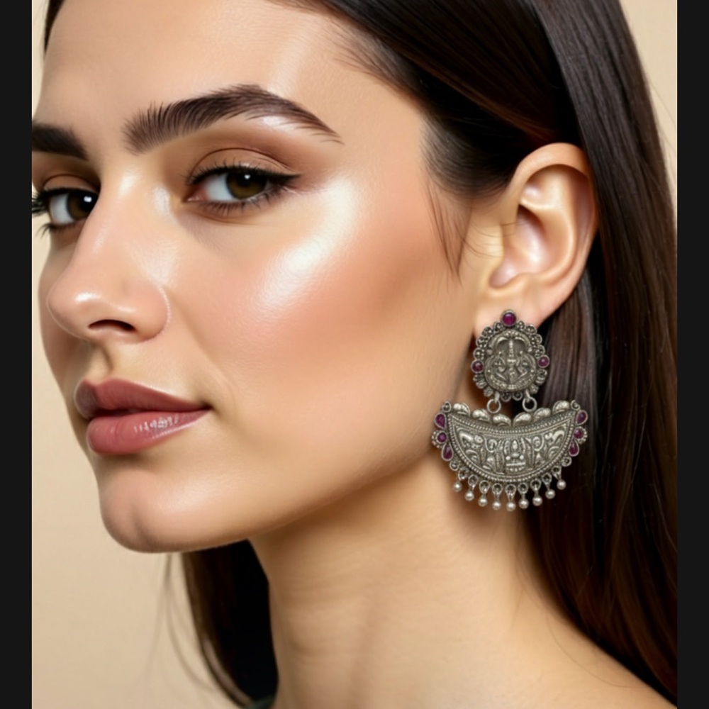 Godess Laxmi Silver and Red Statement Earrings
